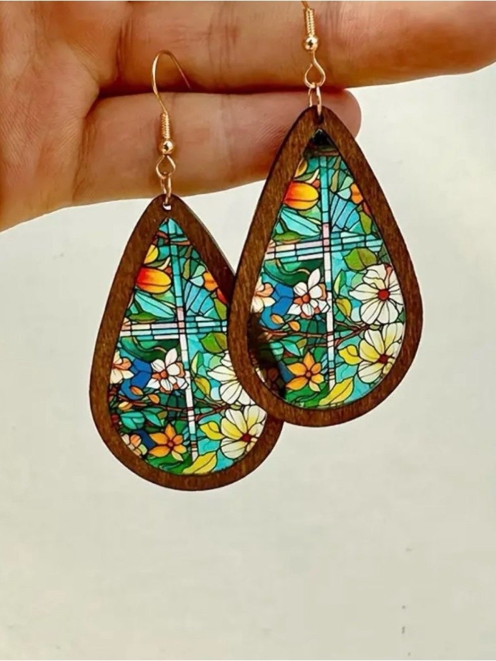 New! Stained Glass Window Acrylic & Wood Lightweight Dangle Earrings Bag Style C